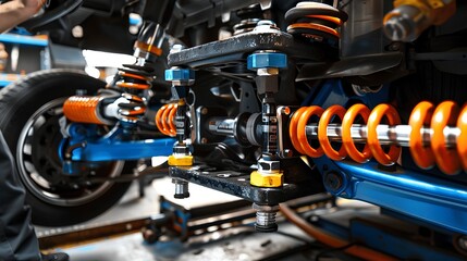 Fototapeta premium Detailed Close-Up of Automotive Suspension System Featuring High-Performance Shock Absorbers and Colorful Coil Springs in a Modern Workshop Environment