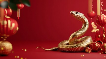 Golden serpent coiled on red, celebrating the Year of the Snake