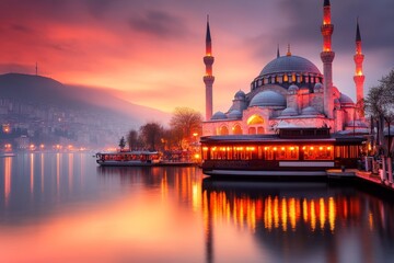 Obraz premium A peaceful view of the Suleymaniye Mosque at dusk, with the cityscape bathed in golden light