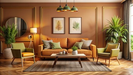 Fototapeta premium Modern Living Room with Frame Mockup, Spacious Design, Warm Color Palette, Architectural Photography, Contemporary Furniture, Home Decor Inspiration