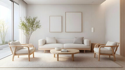 Fototapeta premium Scandinavian-inspired living room with light-toned furniture, simple decor and a minimalist aesthetic creating a peaceful ambiance