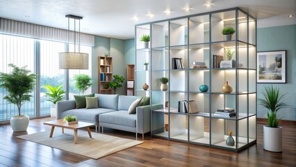 Modern Minimalist Room Divider with Shelves and Frosted Glass Panels for Contemporary Interior Design