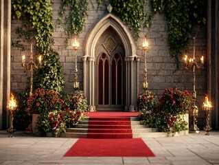 Fototapeta premium A grand castle entrance bathed in candlelight, with Gothic architecture, ivy-covered walls, and a red carpet leading inside, creating an antiquated and majestic atmosphere - Generative AI