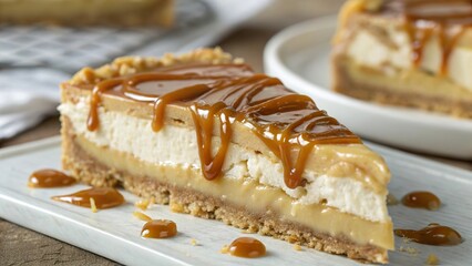 Delicious caramel drizzled over a slice of banoffee pie inviting dessert lovers to indulge in creamy and crunchy layers