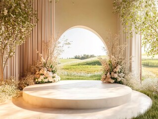 Fototapeta premium Image shows a serene, open-concept event space blending indoor and outdoor elements The central raised platform surrounded by greenery and white flowers leads to an arched opening - Generative AI