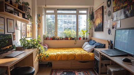 Bright and cozy student dorm room for two.