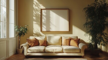 Cozy living room mockup with furniture and canvas frame, 3D render