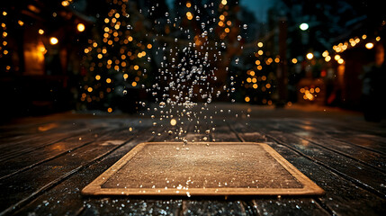 Wooden square on snowy winter market background.