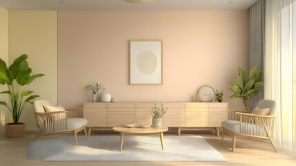 Fototapeta premium Scandinavian-style living room with sleek furniture, light wood finishes and a soft pastel color scheme exuding calmness