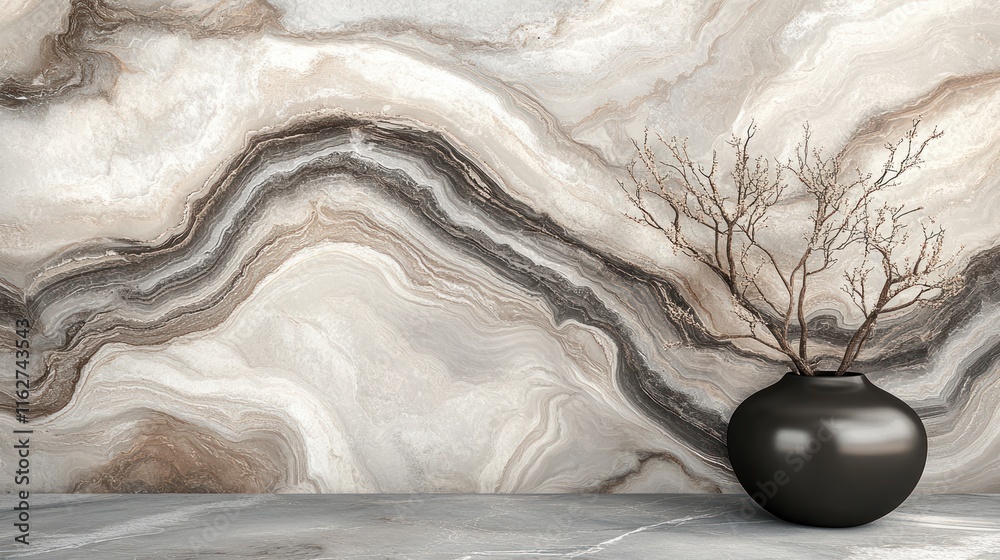 Poster a minimalist interior scene featuring a textured wall and a vase with a bare branch.