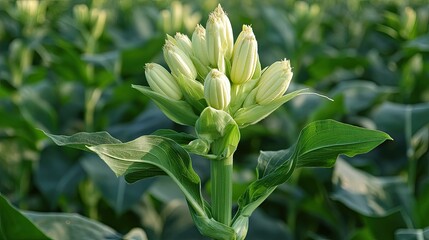 Obraz premium Bright green corn in the cornfield, awaiting harvest--perfect for nature-themed designs. -