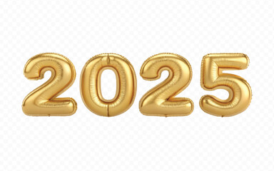 abstract 3d 2025 text  made with different golden colour hellium balloons isolated on white background