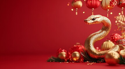Golden snake and traditional lanterns for Chinese New Year decor