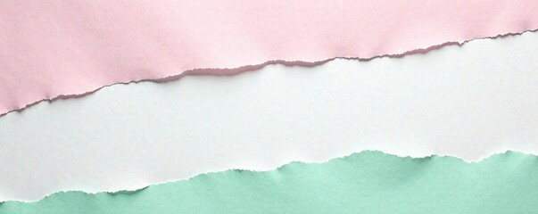 Fototapeta premium Pastel pink and mint green torn paper textures layered on a soft white surface, paper texture, layered art