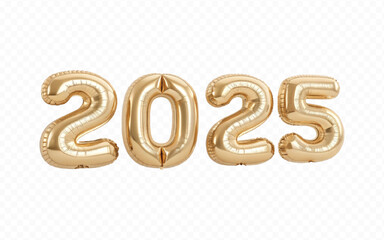 abstract 3d 2025 text  made with different golden colour hellium balloons isolated on white background