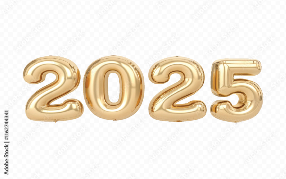 Fototapete abstract 3d 2025 text made with different golden colour hellium balloons isolated on white backgroun