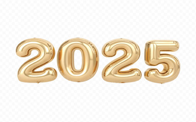 abstract 3d 2025 text  made with different golden colour hellium balloons isolated on white background