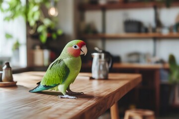 Naklejka premium Green rosy-faced lovebird perching on wooden kitchen surface, red face brightening minimalist interior design with tropical personality