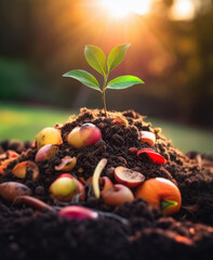 Sapling sprouting from a mound of soil mixed with decomposing fruits and seeds. Process of composting and plant growth from rotten fertilizer decomposing ground. Organic horticulture concept