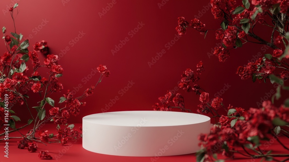 Poster A minimalistic display featuring a white platform surrounded by vibrant red flowers.
