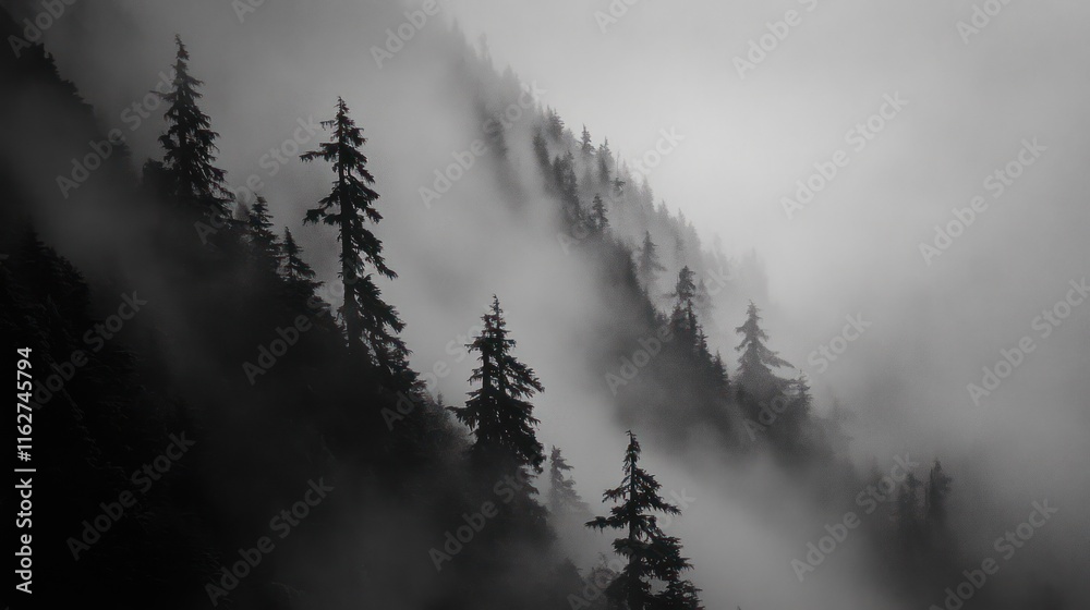 Poster A misty forest landscape with silhouetted trees creating a moody atmosphere.