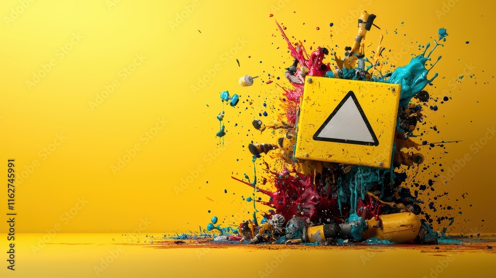 Poster a bright yellow backdrop features a colorful explosion of paint behind a triangular warning sign, cr
