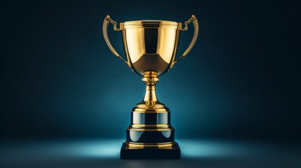 A shiny golden trophy stands prominently on a black base, illuminated by a soft blue light that enhances its details. It symbolizes victory and accomplishment