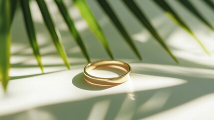 A gold ring sits elegantly on a clean surface, partially obscured by vibrant green palm leaves. Soft sunlight creates delicate shadows, enhancing the tranquil atmosphere © Ivan
