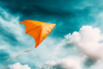 A single kite flying in a vast blue sky, with no one visible holding the string
