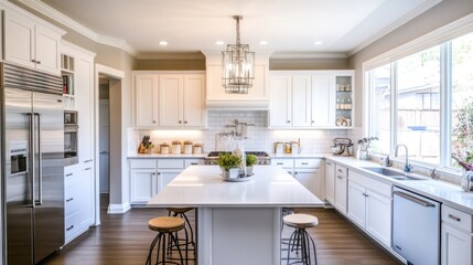 Fototapeta premium Modern White Kitchen Interior Design: Elegant Island, Stainless Steel Appliances, and Natural Light