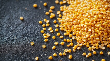 Golden kernels are strewn across a dark stone surface, showcasing their rich color and texture. Ideal for culinary presentations or natural decor, they bring warmth to any setup