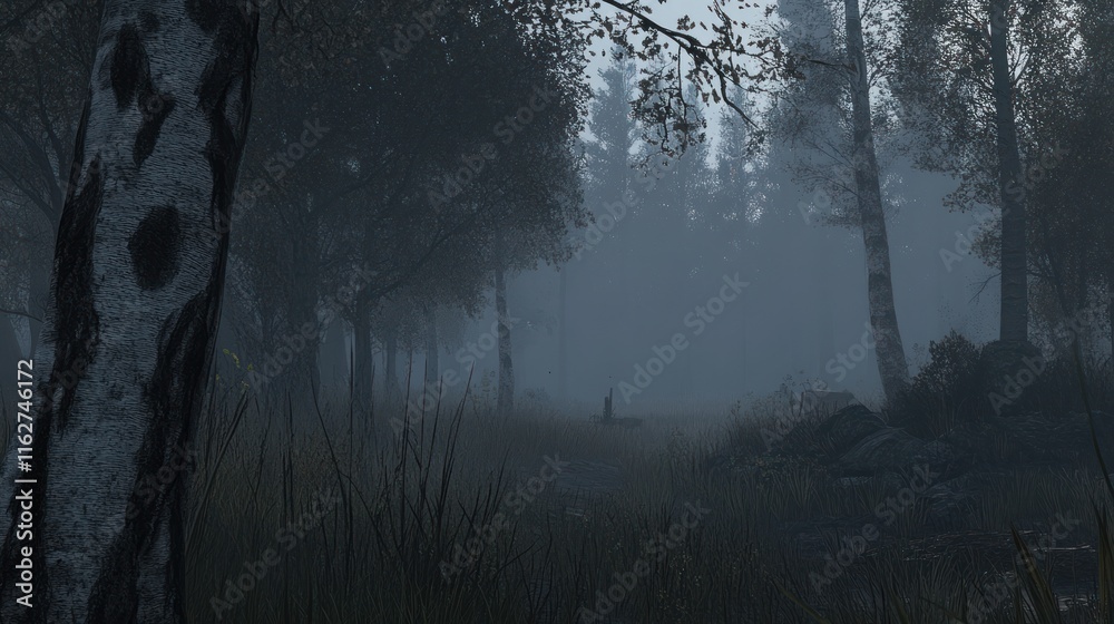 Aufkleber a misty forest scene with trees and a path, evoking a sense of mystery and tranquility.