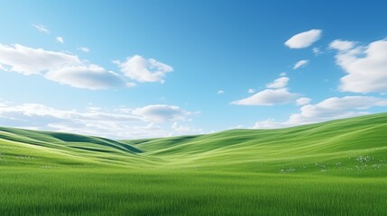 Fototapeta premium Lush green rolling hills stretch across the landscape, bathed in sunlight. The clear blue sky is dotted with fluffy white clouds, creating a serene atmosphere