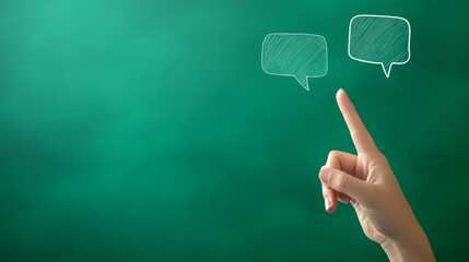A hand points at two empty speech bubbles drawn on a chalkboard, creating an interactive space for ideas or dialogue. This setup is ideal for teaching or brainstorming sessions