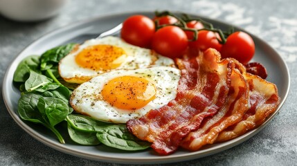 A mouthwatering breakfast spread includes two sunny side up eggs, crispy bacon strips, fresh spinach leaves, and ripe cherry tomatoes nestled on a gray plate