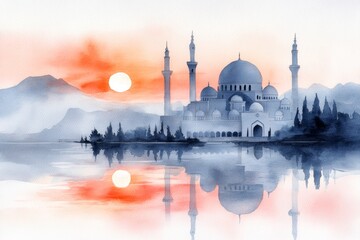 Fototapeta premium A soft watercolor painting of a serene mosque at sunset, with gentle hues of orange, pink, and blue