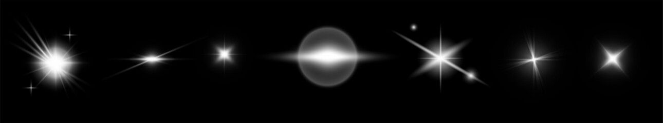 Light effect set. Glow isolated white transparent light effect set, lens flare, explosion, glitter, dust, line, sun flash, spark and stars, spotlight, curve twirl. Sunlight, abstract special effect. 