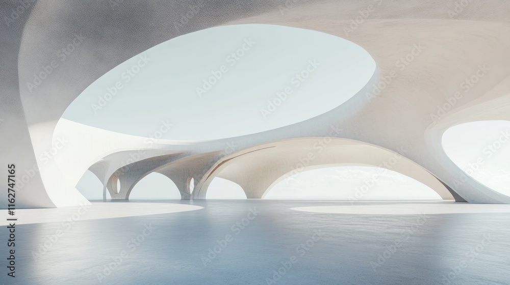 Poster a modern architectural space featuring smooth curves and expansive light-filled areas.