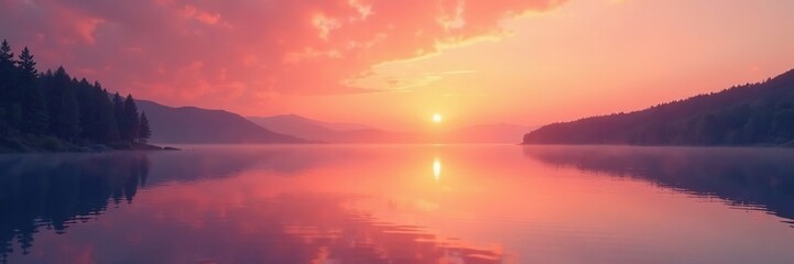 Fototapeta premium Soft gradient of orange and pink over a tranquil lake at sunrise, reflection, sunrise