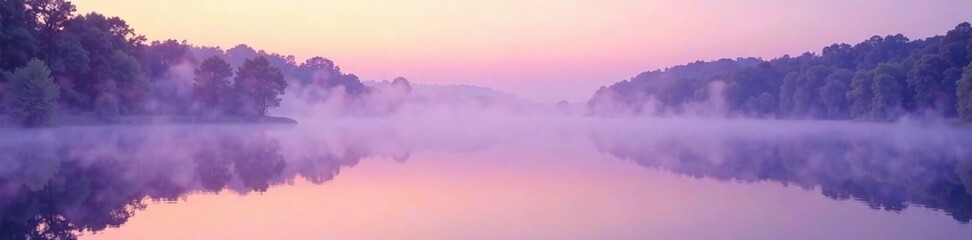 Fototapeta premium Soft lavender mist rises from a serene lake at dawn, hazy, color blend