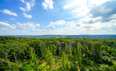 View from the observation tower at Möhnesee of the surrounding green landscape. Nature at Möhnesee.
