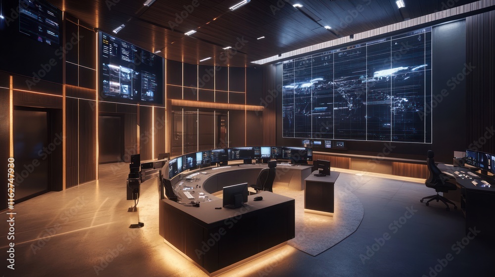 Poster a modern control room with multiple screens and a sleek design for monitoring operations.