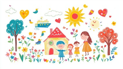 Obraz premium Naive children's drawing with colored chalk on white paper, made by hand by the child. A family of four holding hands and smiling at each other in front of their house, next to flowers, trees, sun.