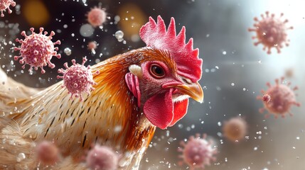 A detailed illustration of a rooster surrounded by virus particles, depicting the interaction between poultry and pathogens in a dynamic visual context.