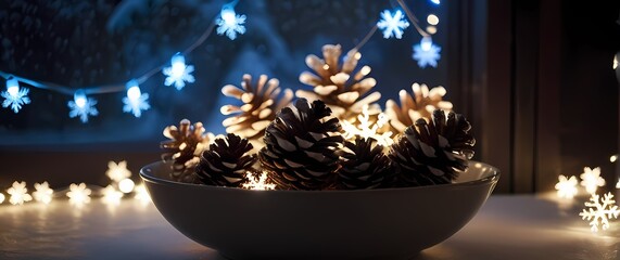 Frosted pinecones arranged in a bowl under the soft glow of string lights with delicate snowflakes drifting in the background