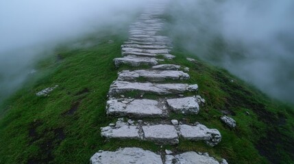 Mystical foggy atmospheres ancient stone pathway disappearing