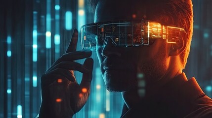 Businessman with AR Glasses â€“ A businessman using augmented reality glasses to interact with a futuristic interface. 