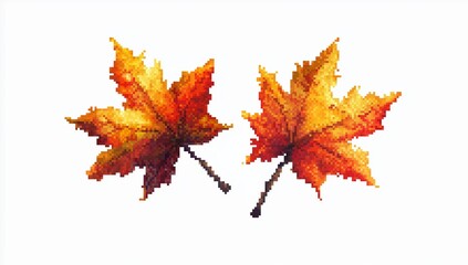 Fototapeta premium pixel art of two autumn maple leaves on a white background, high resolution, high detail, high quality, high sharpness, hyperrealistic, hyper-detailed.