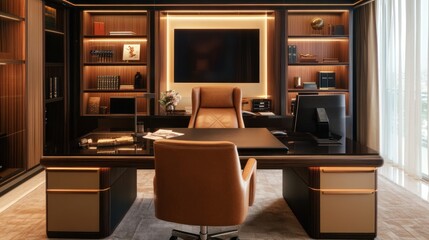 A modern office space featuring a sleek desk, comfortable chair, and organized shelves.