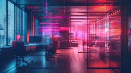 A modern office space with vibrant lighting and a sleek design, suggesting innovation and technology.